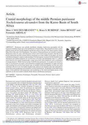 Article Cranial Morphology of the Middle Permian Pareiasaur Nochelesaurus Alexanderi from the Karoo Basin of South Africa Marc J