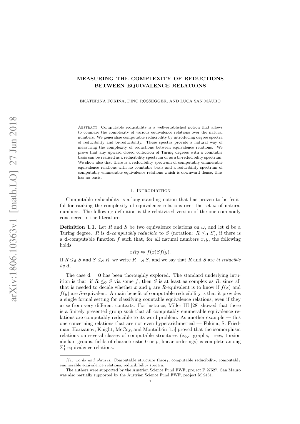 Arxiv:1806.10363V1 [Math.LO]