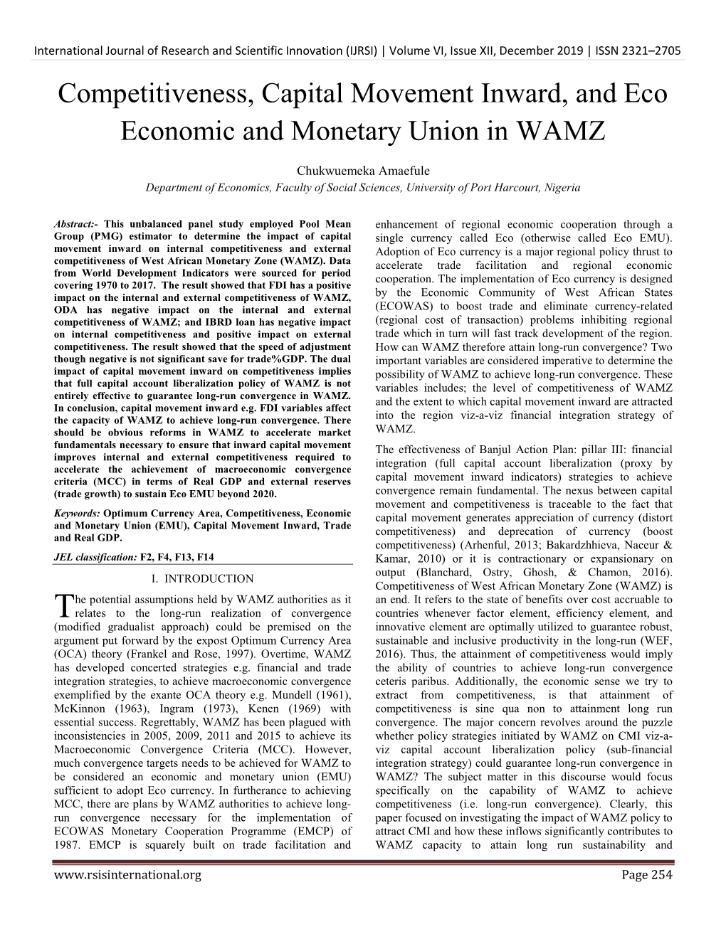 Competitiveness, Capital Movement Inward, and Eco Economic and Monetary Union in WAMZ