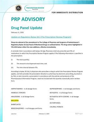 PRP ADVISORY Drug Panel Update February 11, 2020