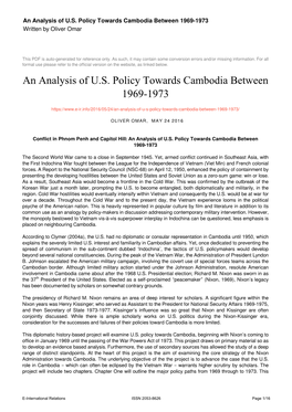 An Analysis of U.S. Policy Towards Cambodia Between 1969-1973 Written by Oliver Omar