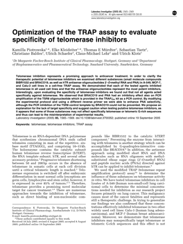 Optimization of the TRAP Assay to Evaluate Specificity of Telomerase Inhibitors