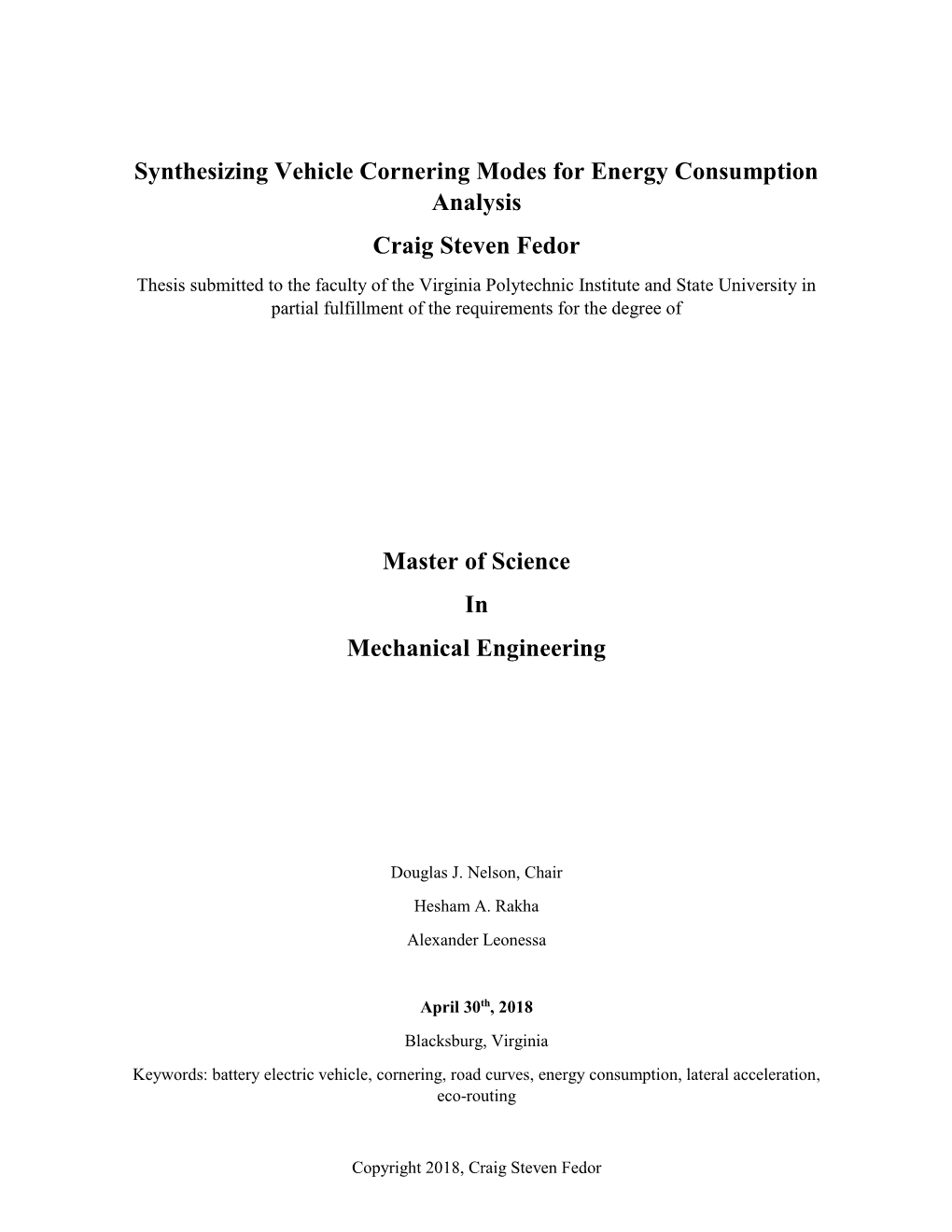 Synthesizing Vehicle Cornering Modes for Energy Consumption Analysis Craig Steven Fedor Master of Science in Mechanical Engineer