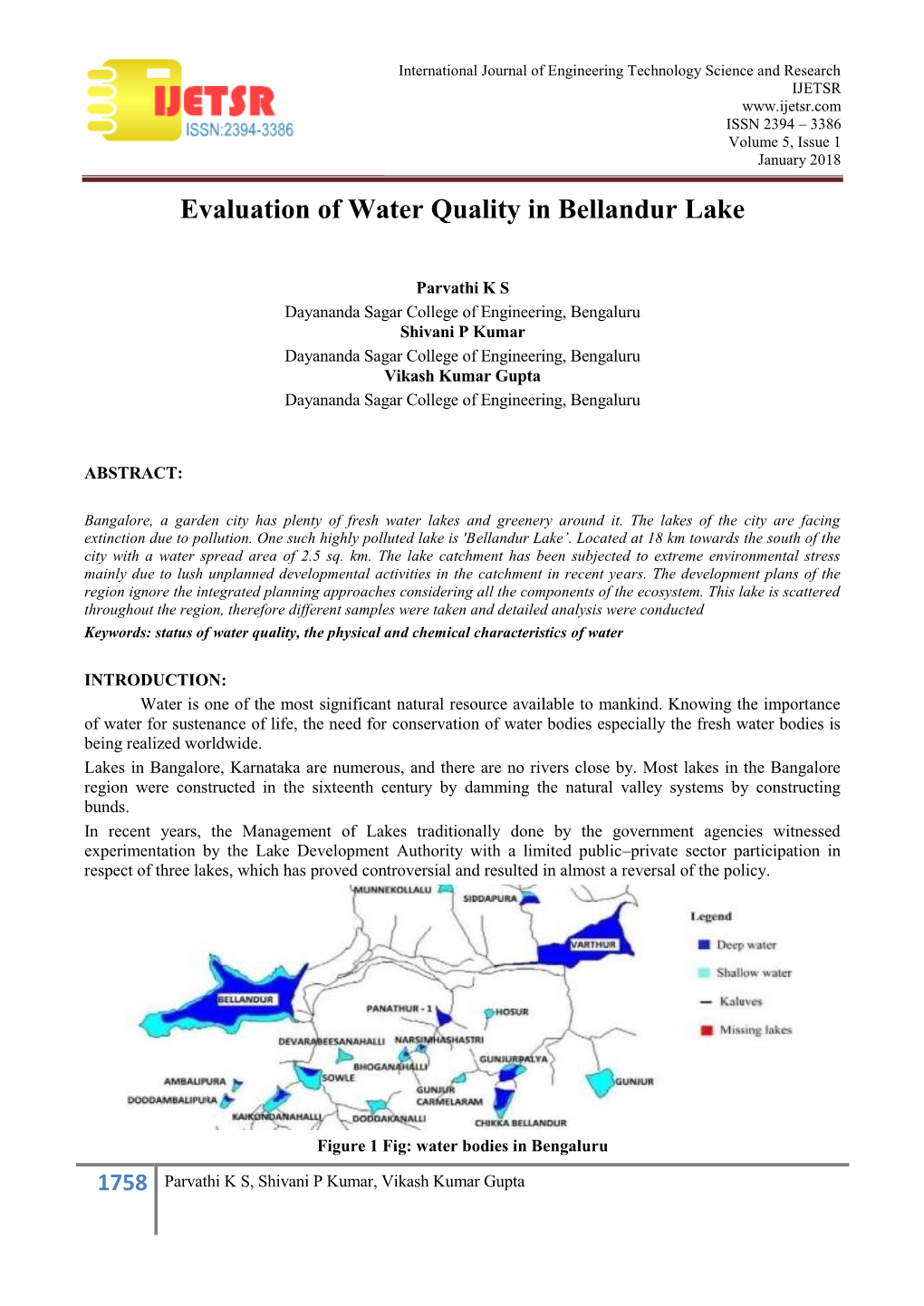 Evaluation of Water Quality in Bellandur Lake