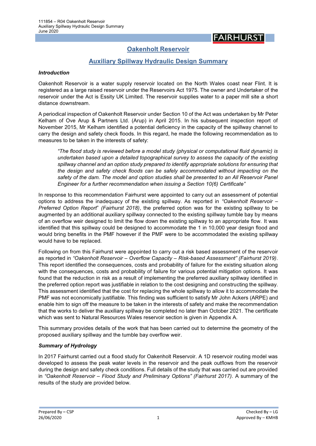 Oakenholt Reservoir Auxiliary Spillway Hydraulic Design Summary June 2020