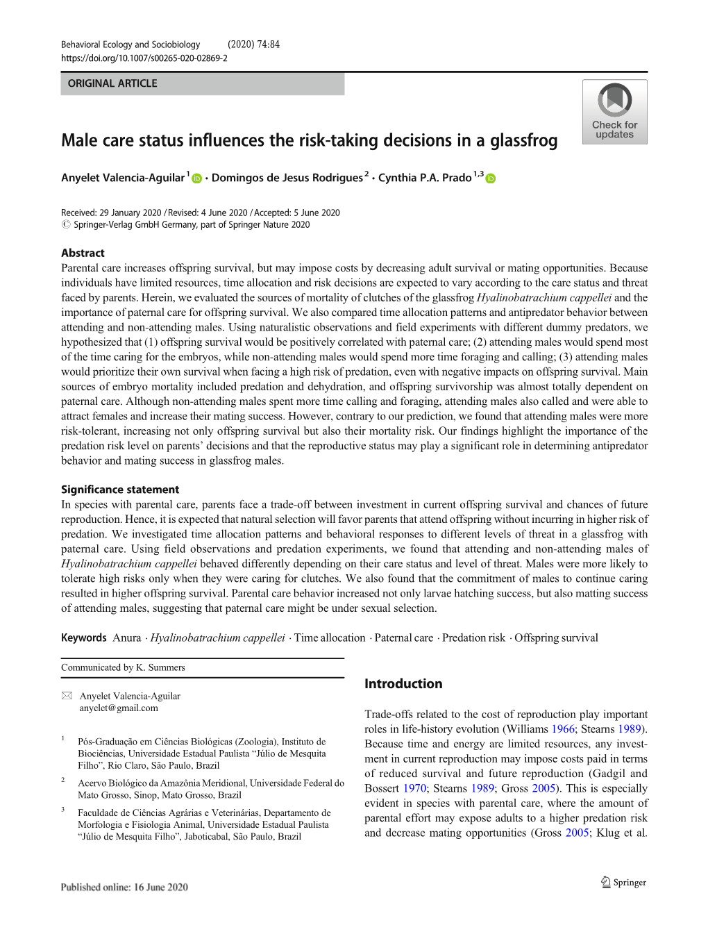 Male Care Status Influences the Risk-Taking Decisions in a Glassfrog