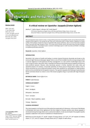 A Critical Review on Upavisha- Jayapala (Croton Tiglium) ISSN: 2454-5023 Neethu.P.1, Vijitha Vijayan1, Athulya C.M1, Arathi Rajesh2 J
