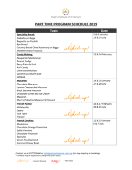 Part Time Program Schedule 2019