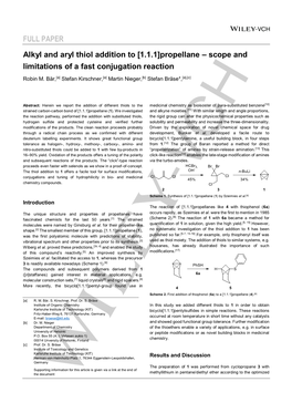 FULL PAPER Alkyl and Aryl Thiol Addition to [1.1.1]Propellane – Scope and Limitations of a Fast Conjugation Reaction