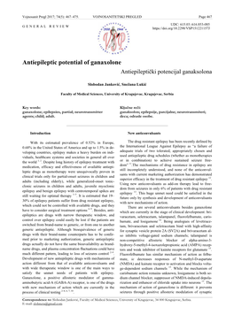 Antiepileptic Potential of Ganaxolone Antiepileptički Potencijal Ganaksolona