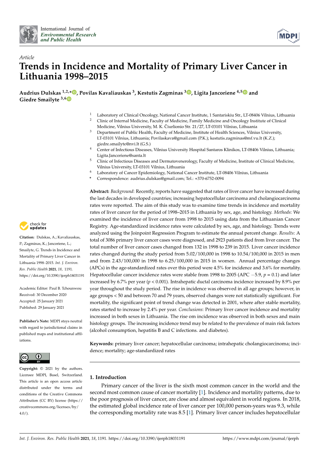 Trends in Incidence and Mortality of Primary Liver Cancer in Lithuania 1998–2015