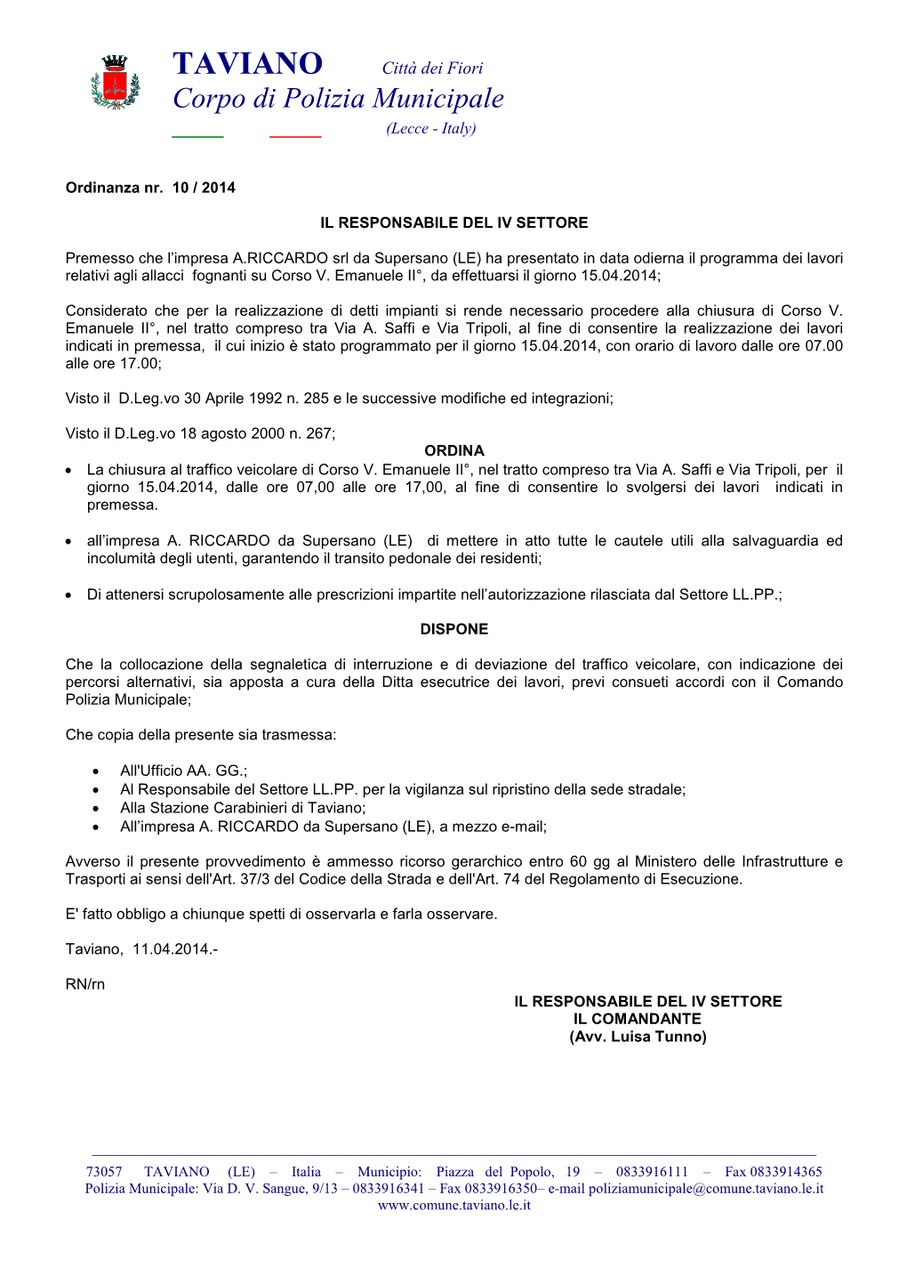 TAVIANO Città Dei Fiori Corpo Di Polizia Municipale ______(Lecce - Italy)