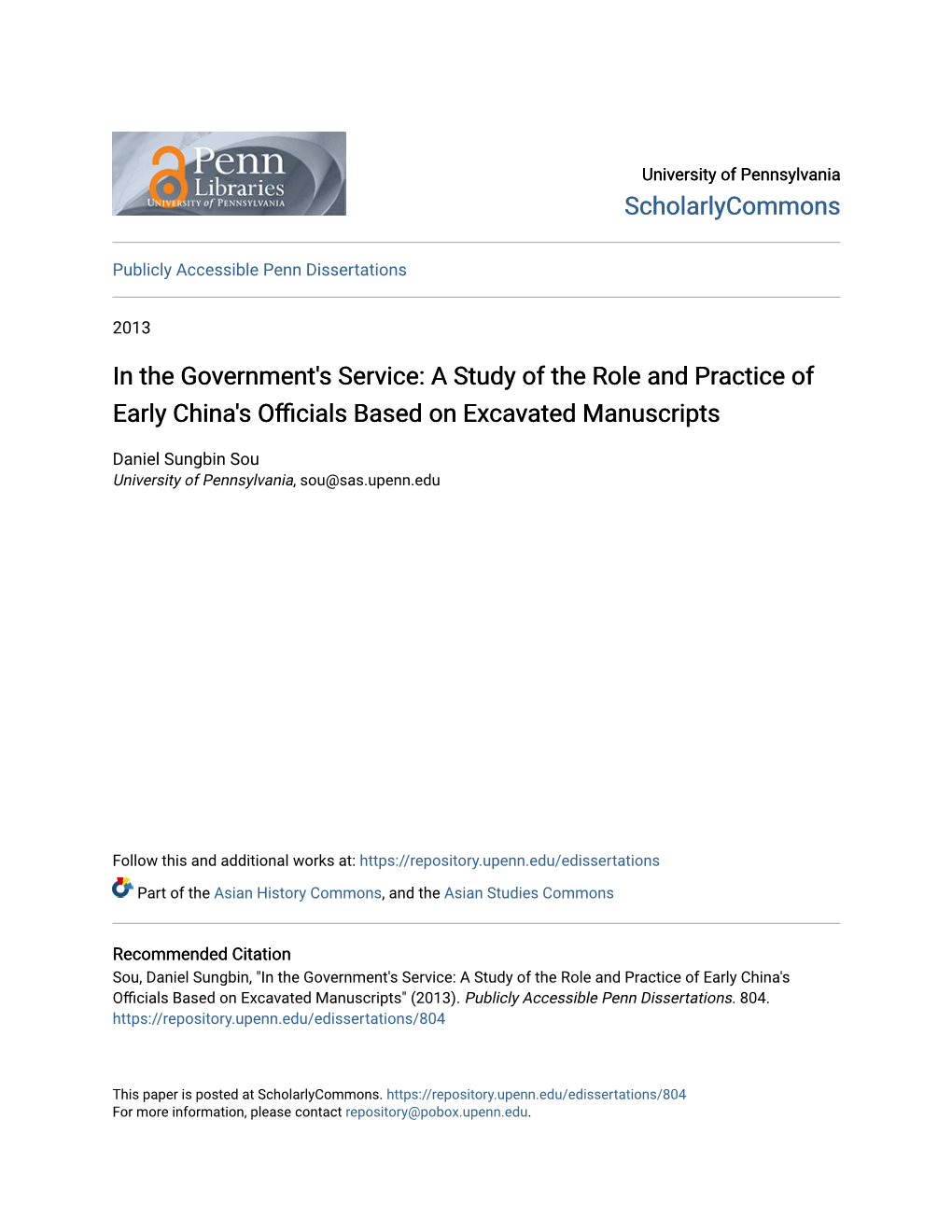 In the Government's Service: a Study of the Role and Practice of Early China's Officials Based on Caex Vated Manuscripts