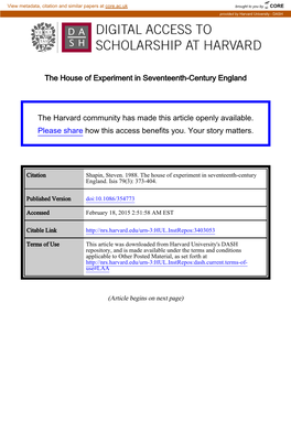 The House of Experiment in Seventeenth-Century England The