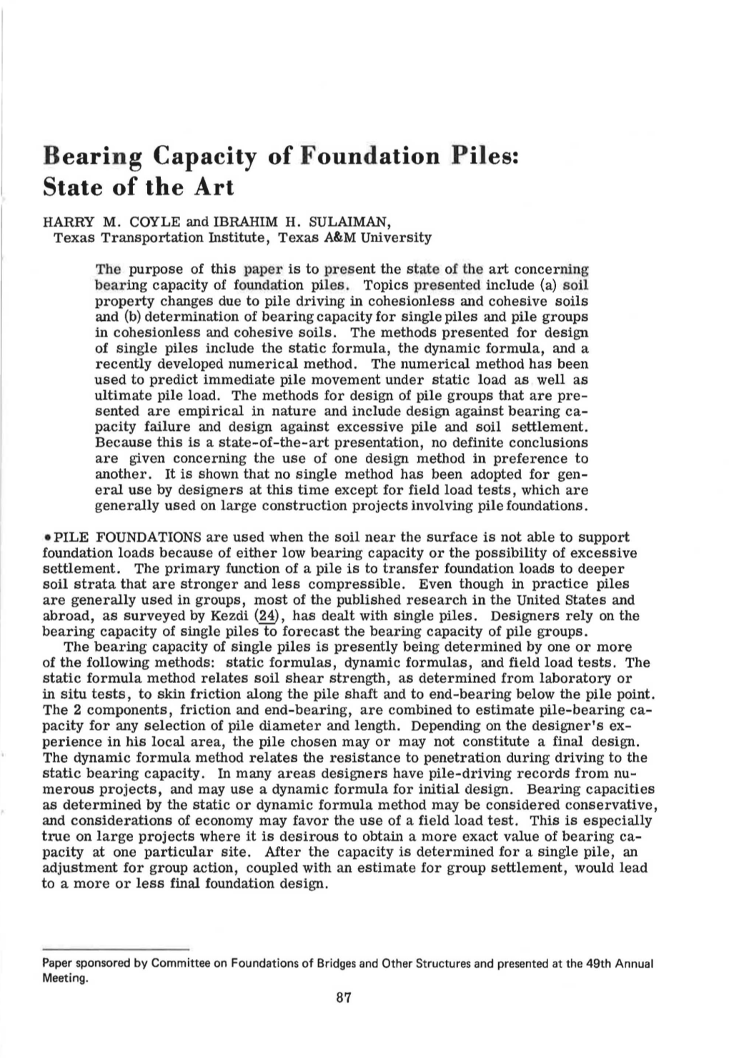 Bearing Capacity of Foundation Piles: State of the Art HARRY M