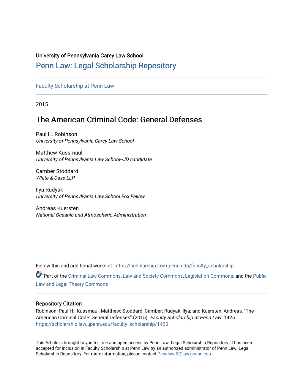 The American Criminal Code: General Defenses