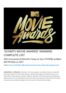 “2016 Mtv Movie Awards” Winners