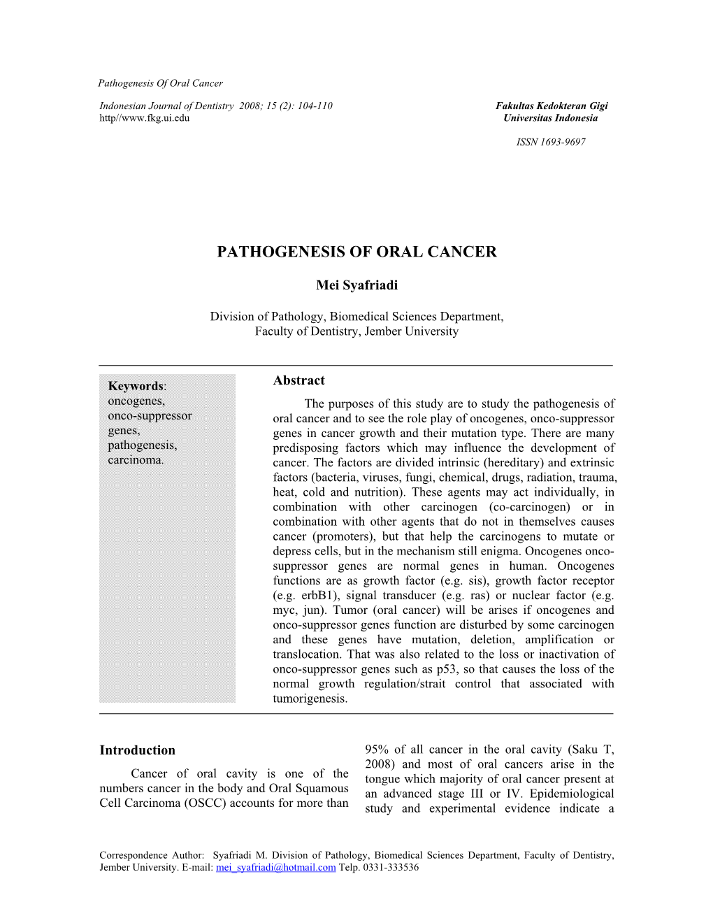 Pathogenesis of Oral Cancer