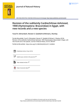 Revision of the Subfamily Cardiochilinae Ashmead, 1900 (Hymenoptera: Braconidae) in Egypt, with New Records and a New Species
