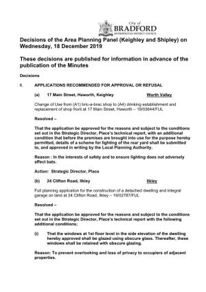Decisions of the Area Planning Panel (Keighley and Shipley) on Wednesday, 18 December 2019