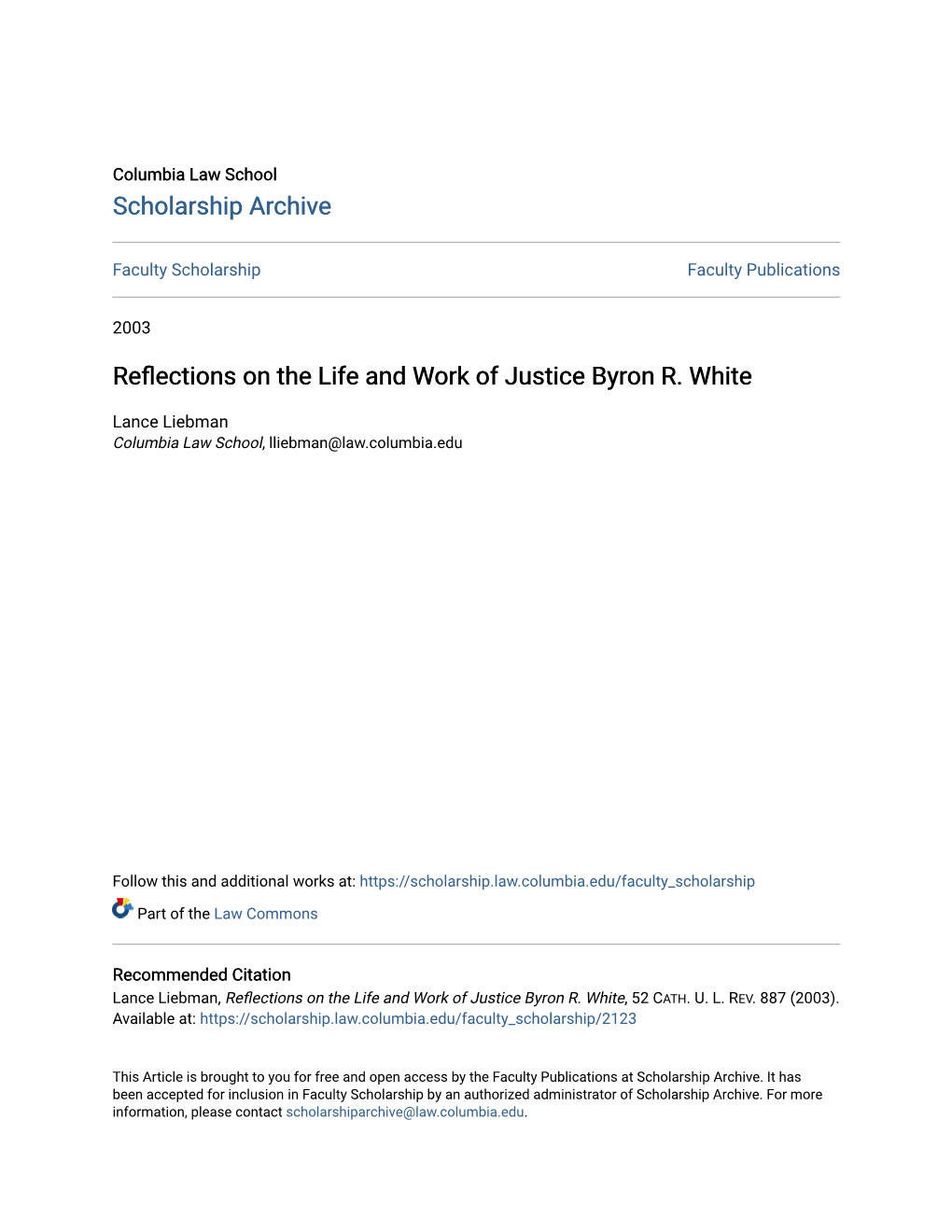 Reflections on the Life and Work of Justice Byron R. White
