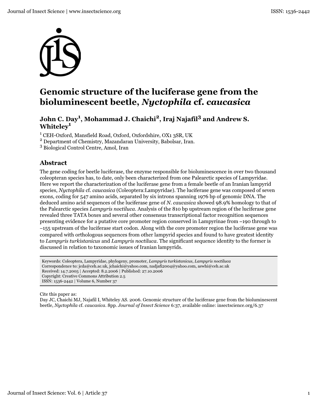 Journal of Insect Science: Vol. 6 | Article 37 1 Journal of Insect Science | ISSN: 1536-2442