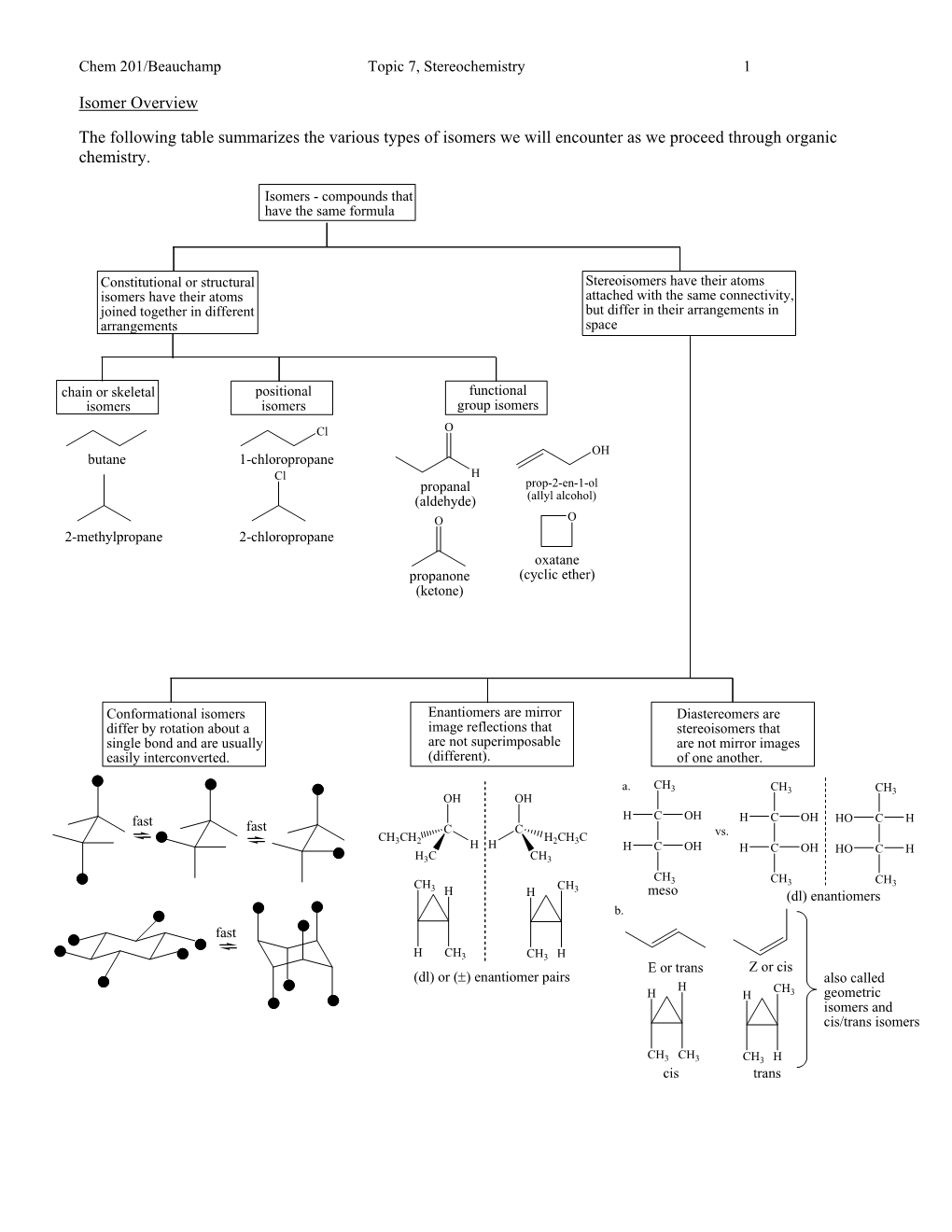 Isomer Overview the Following Table Summarizes the Various Types Of