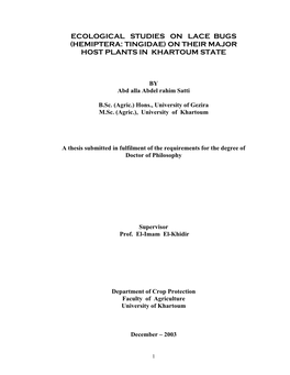 Ecological Studies on Lace Bugs (Hemiptera: Tingidae) on Their Major Host Plants in Khartoum State