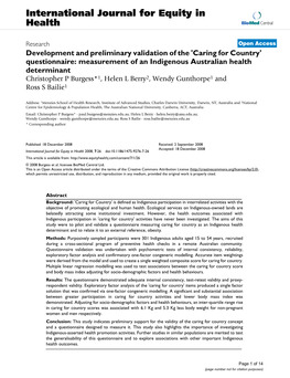 Development and Preliminary Validation of The'caring for Country'questionnaire: Measurement of an Indigenous Australian Health Determinant