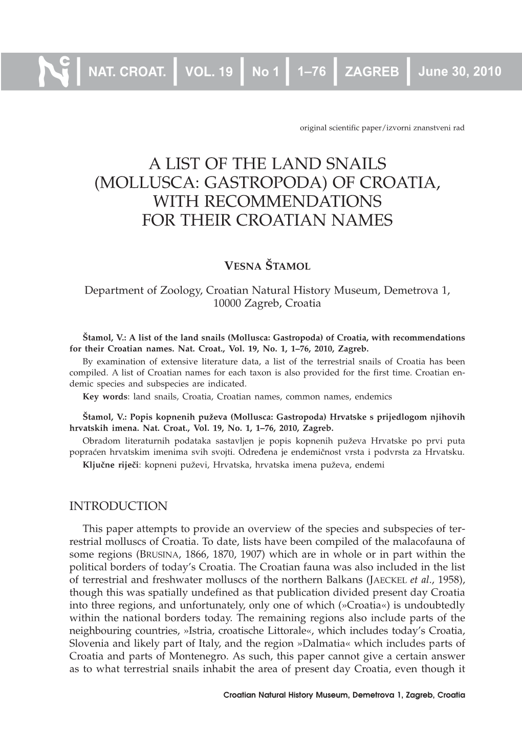 A List of the Land Snails (Mollusca: Gastropoda) of Croatia, with Recommendations for Their Croatian Names