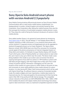 Sony Xperia Sola Android Smart Phone with Version Android 2.3 Popularly