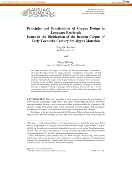 Principles and Practicalities of Corpus Design in Language Retrieval: Issues in the Digitization of the Beynon Corpus of Early Twentieth-Century Sm’Algyax Materials