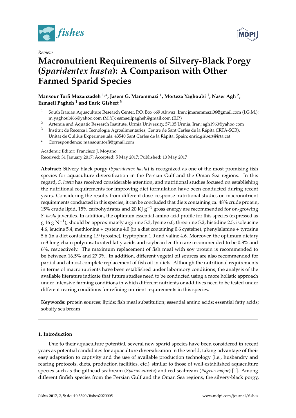 Sparidentex Hasta): a Comparison with Other Farmed Sparid Species