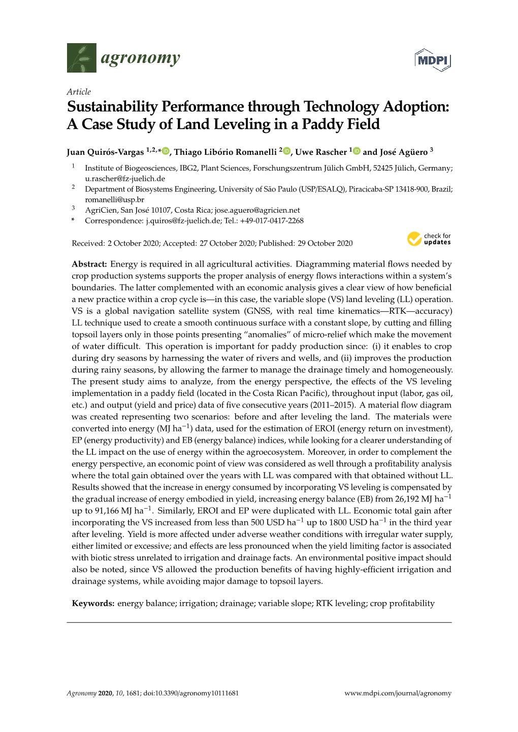 Sustainability Performance Through Technology Adoption: a Case Study of Land Leveling in a Paddy Field