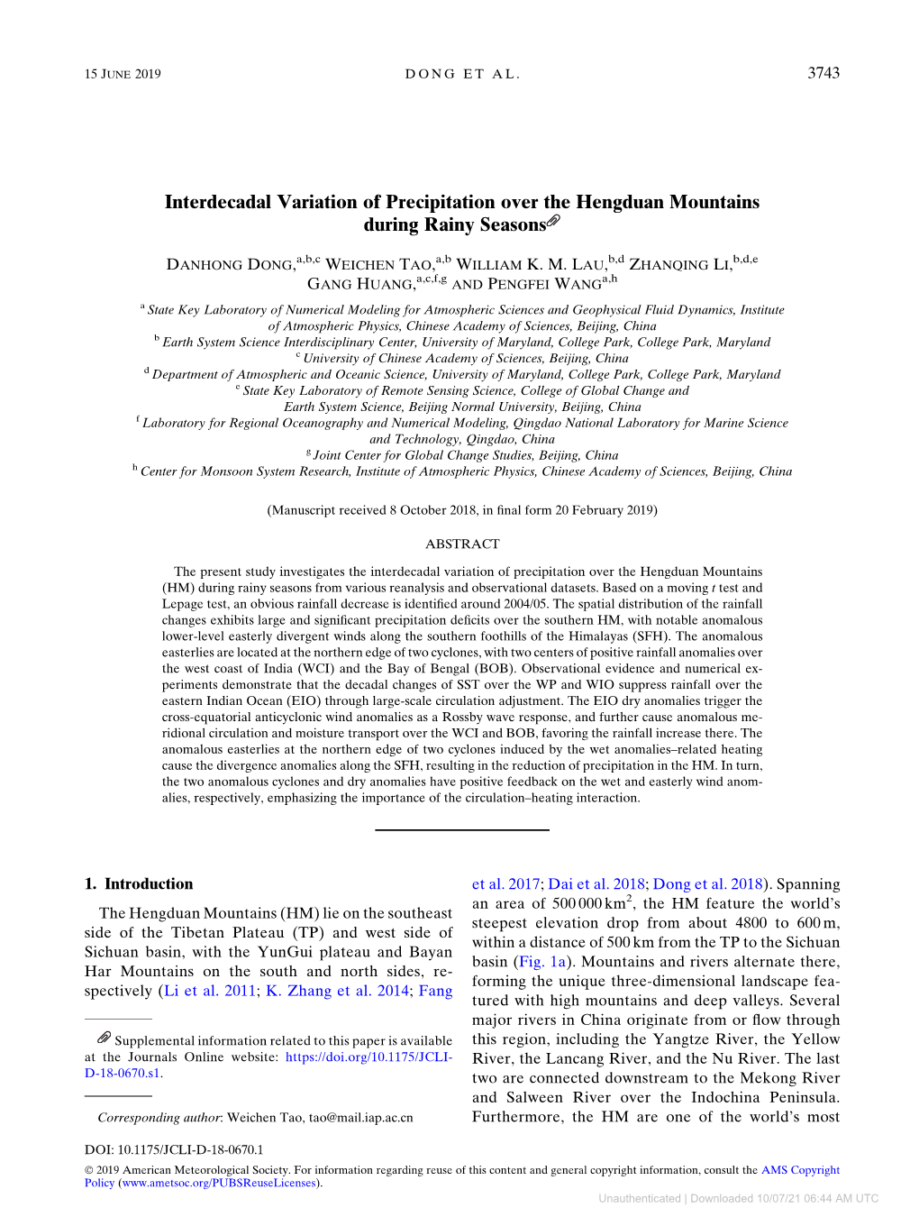 Interdecadal Variation of Precipitation Over the Hengduan Mountains During Rainy Seasons