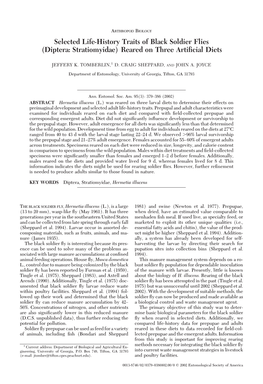 Selected Life-History Traits of Black Soldier Flies (Diptera: Stratiomyidae) Reared on Three Artiﬁcial Diets