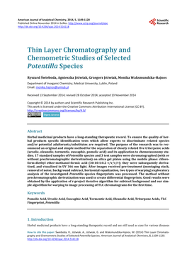 Thin Layer Chromatography and Chemometric Studies of Selected Potentilla Species