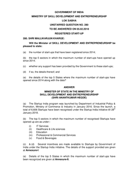 Government of India Ministry of Skill Development and Entrepreneurship Lok Sabha Unstarred Question No. 280 to Be Answered on 05.02.2018