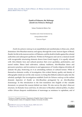 Trindade, Solano; Tati, Miécio. Zumbi of Palmares, the Malungo (Translation and Critical Introduction by Ananya Jahanara Kabir & Francesca Negro)