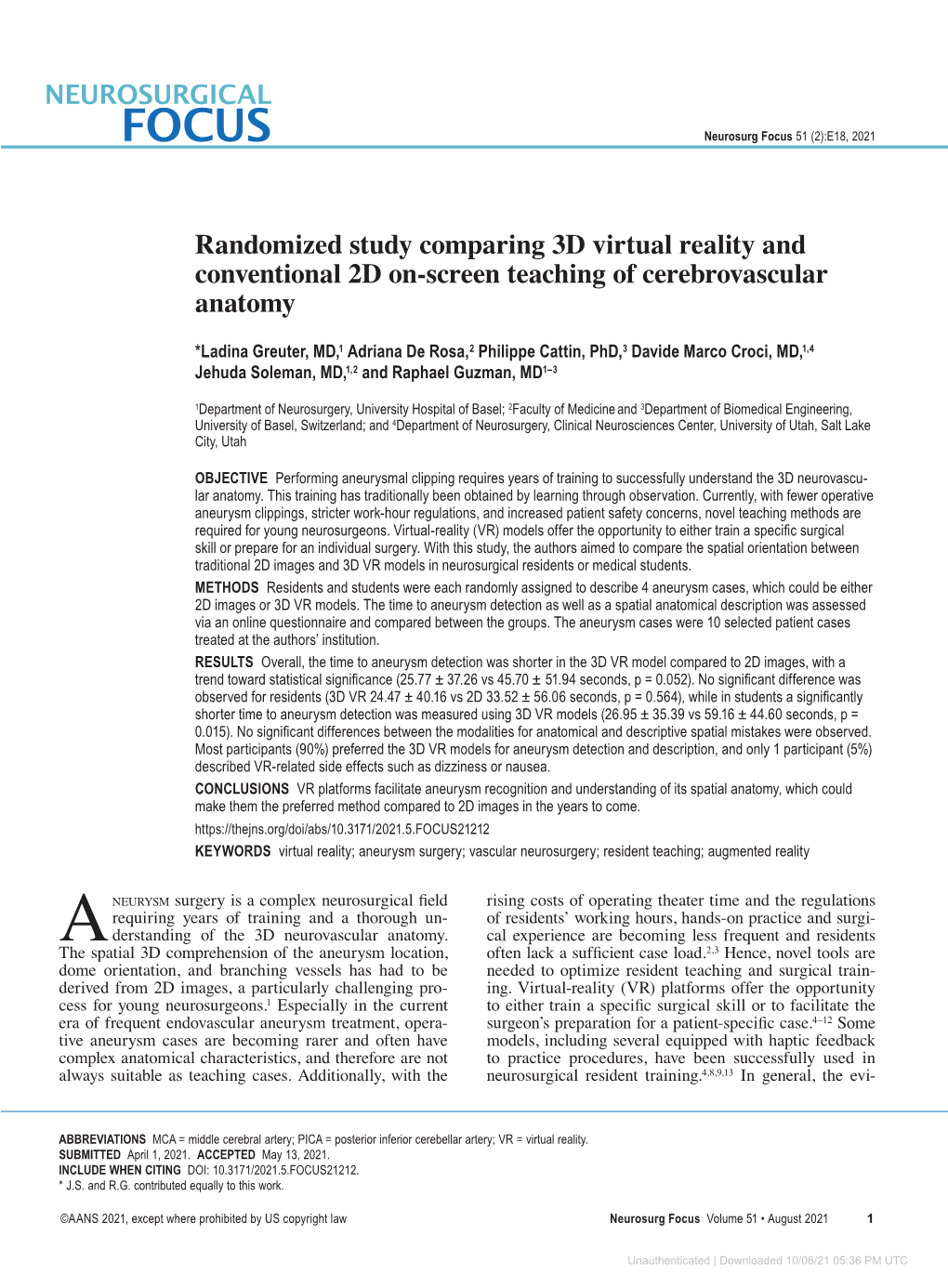 Randomized Study Comparing 3D Virtual Reality and Conventional 2D On-Screen Teaching of Cerebrovascular Anatomy