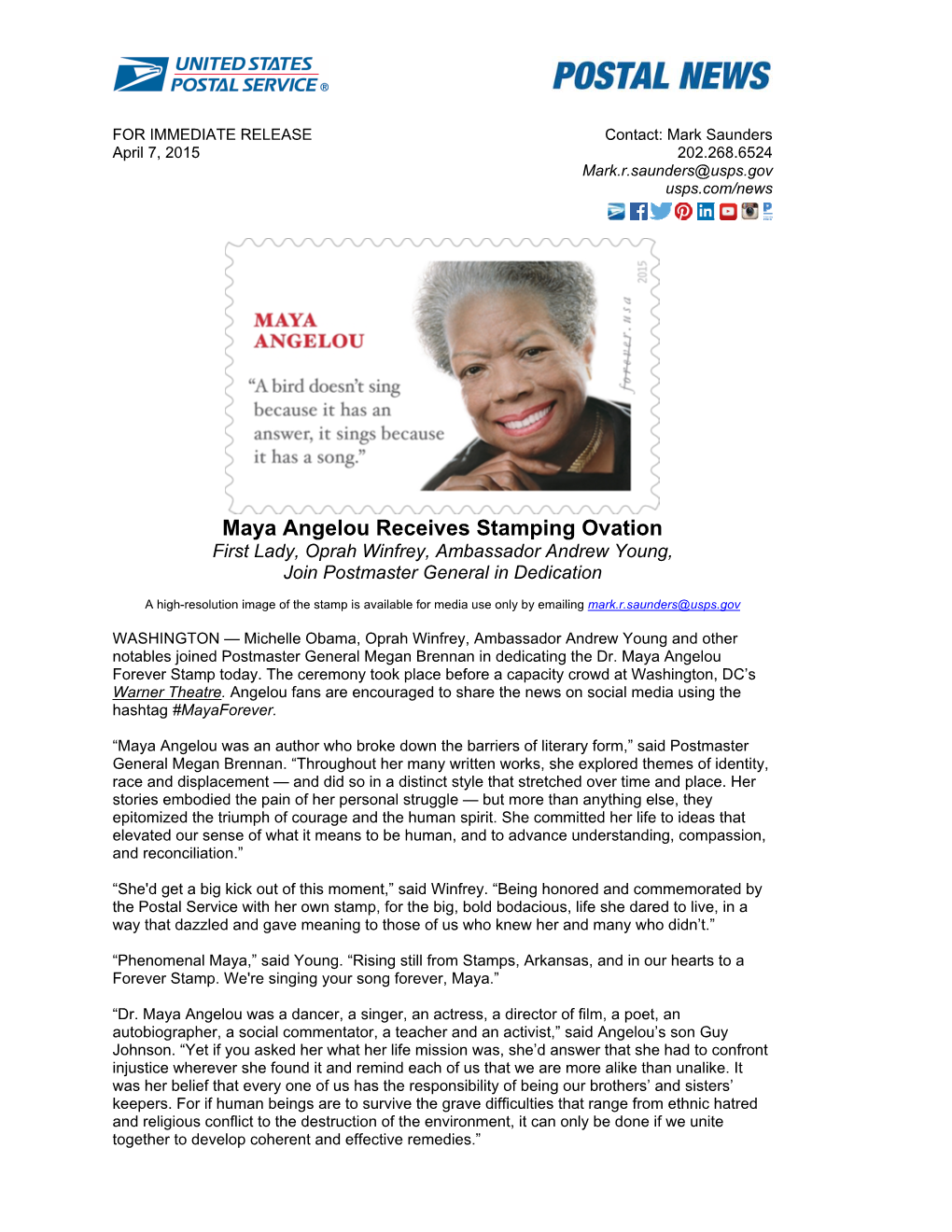 Maya Angelou Receives Stamping Ovation First Lady, Oprah Winfrey, Ambassador Andrew Young, Join Postmaster General in Dedication
