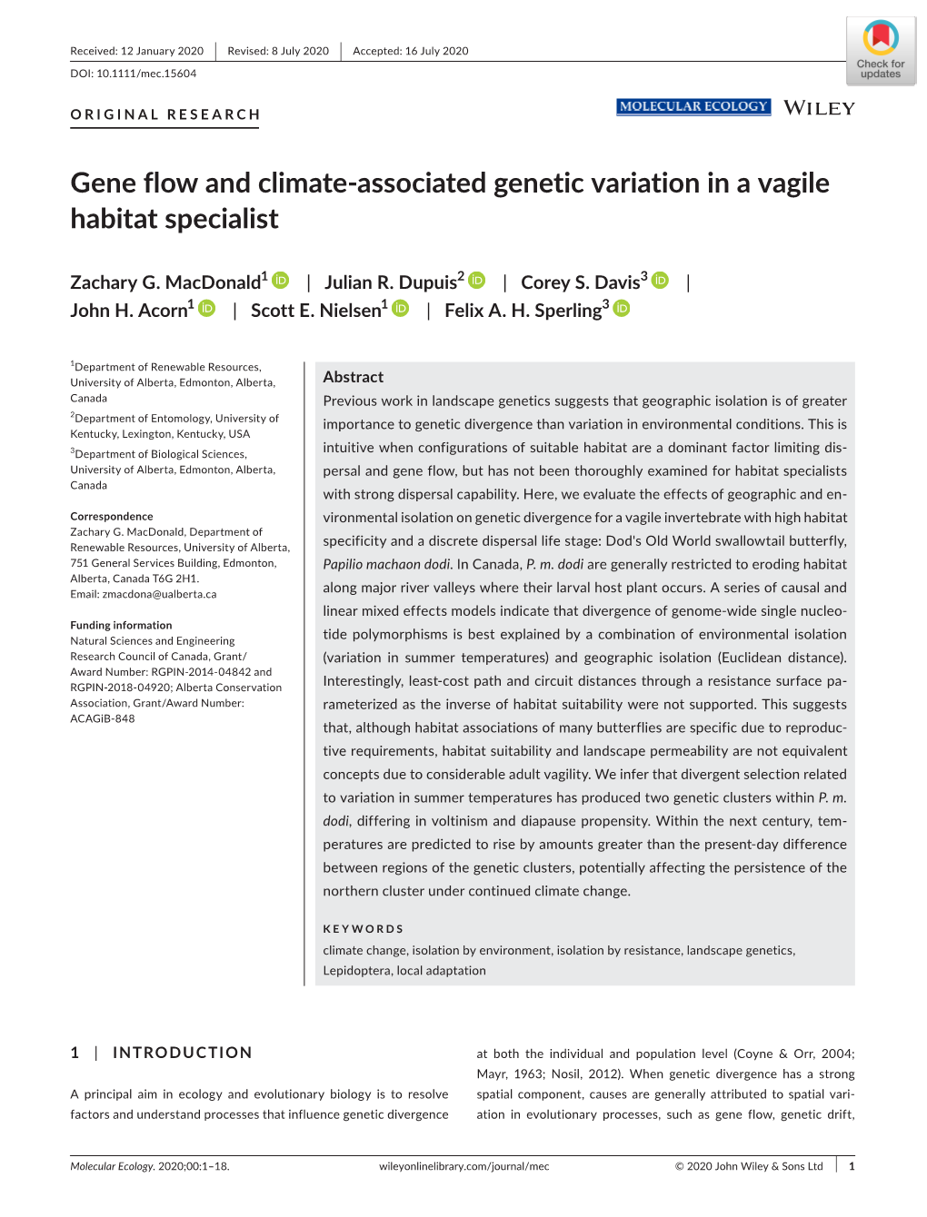 Gene Flow and Climate‐Associated Genetic Variation in a Vagile Habitat