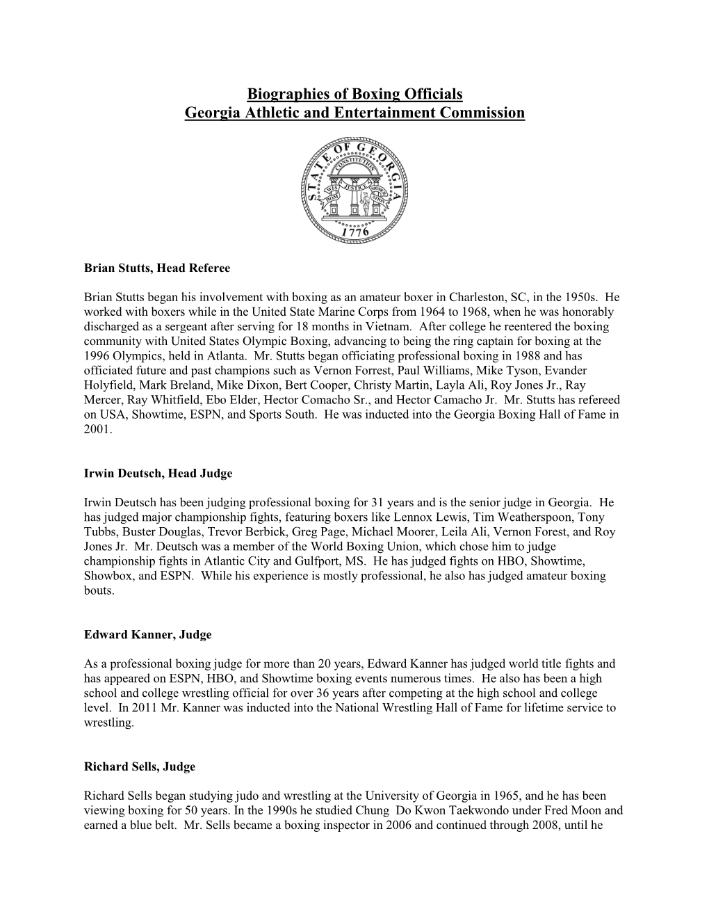 Biographies of Boxing Officials Georgia Athletic and Entertainment Commission