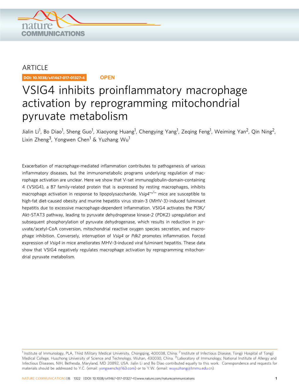 VSIG4 Inhibits Proinflammatory Macrophage Activation By