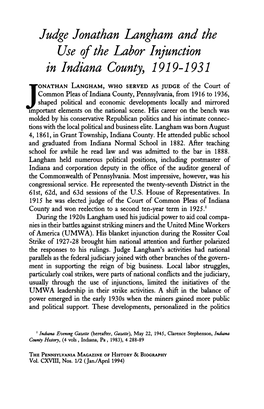 Judge Jonathan Langham and the Use of the Labor Injunction in Indiana County, 1919-1931