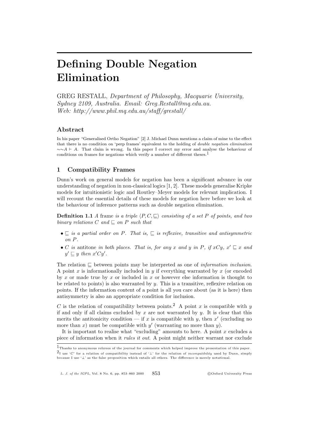 Defining Double Negation Elimination