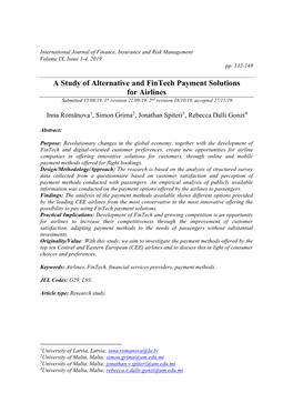 A Study of Alternative and Fintech Payment Solutions for Airlines Submitted 15/08/19, 1St Revision 21/09/19, 2Nd Revision 18/10/19, Accepted 27/11/19