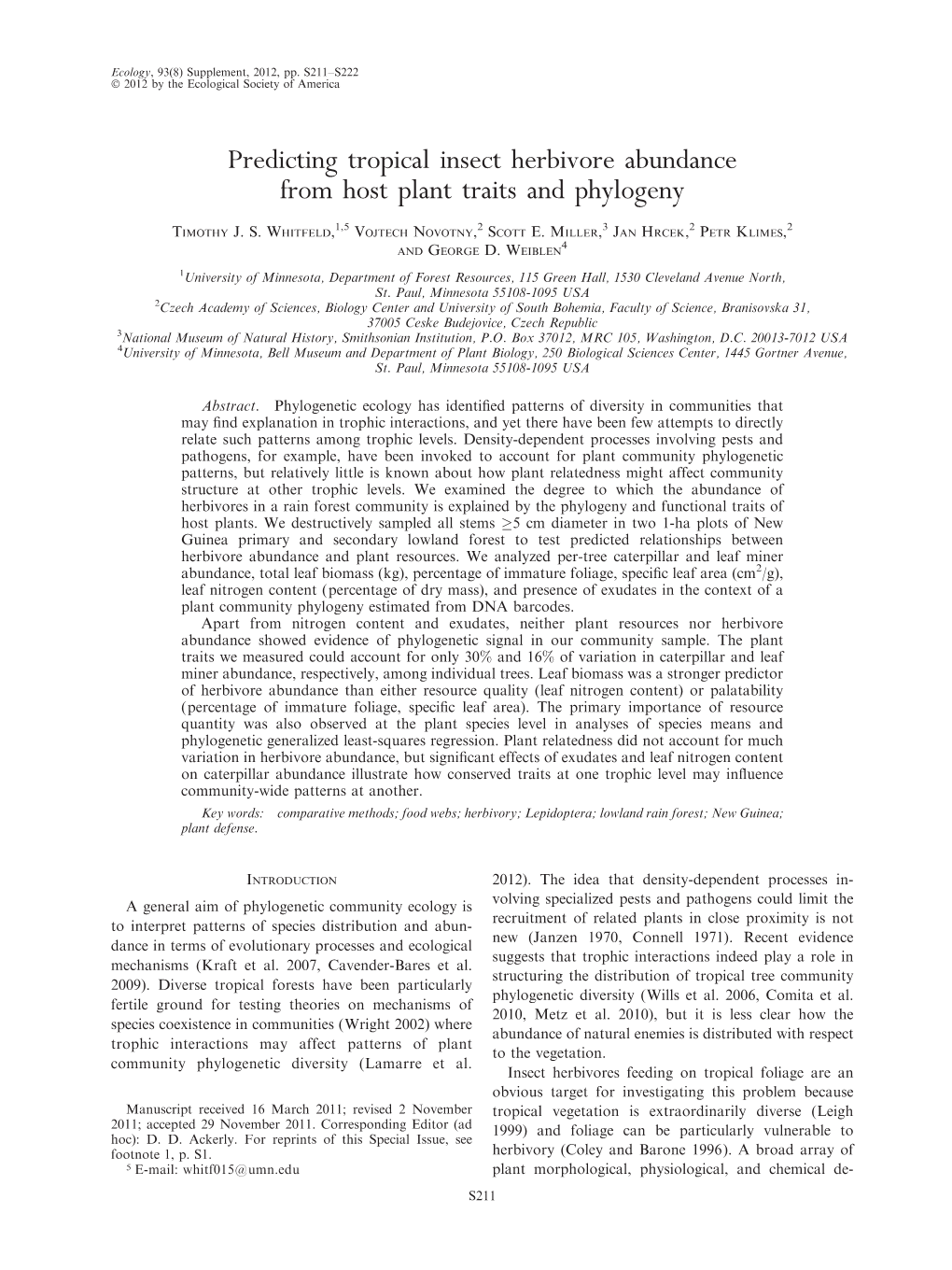 Predicting Tropical Insect Herbivore Abundance from Host Plant Traits and Phylogeny