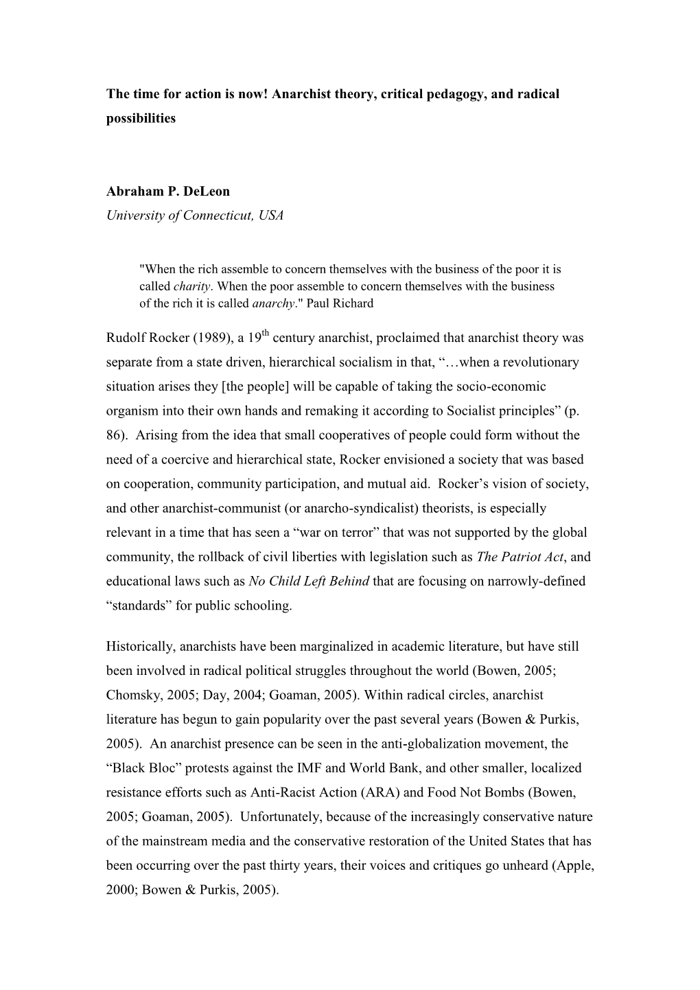 Anarchist Theory, Critical Pedagogy, and Radical Possibilities Abraham P