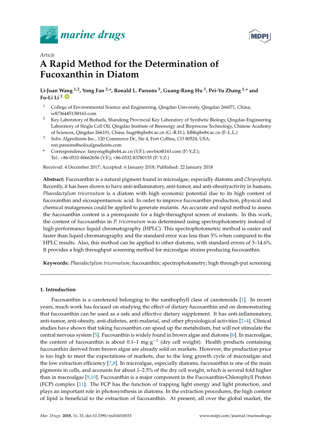 A Rapid Method for the Determination of Fucoxanthin in Diatom